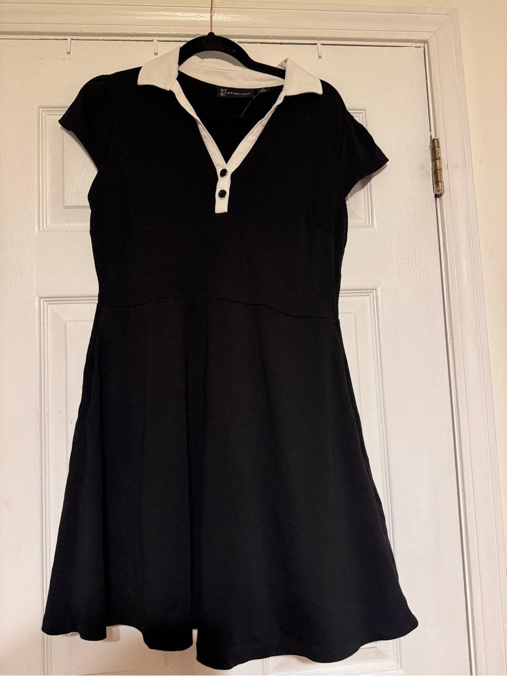 New York & Company Black Polo Collar Fit-and-Flare Dress with White Trim Medium - Picture 3 of 6
